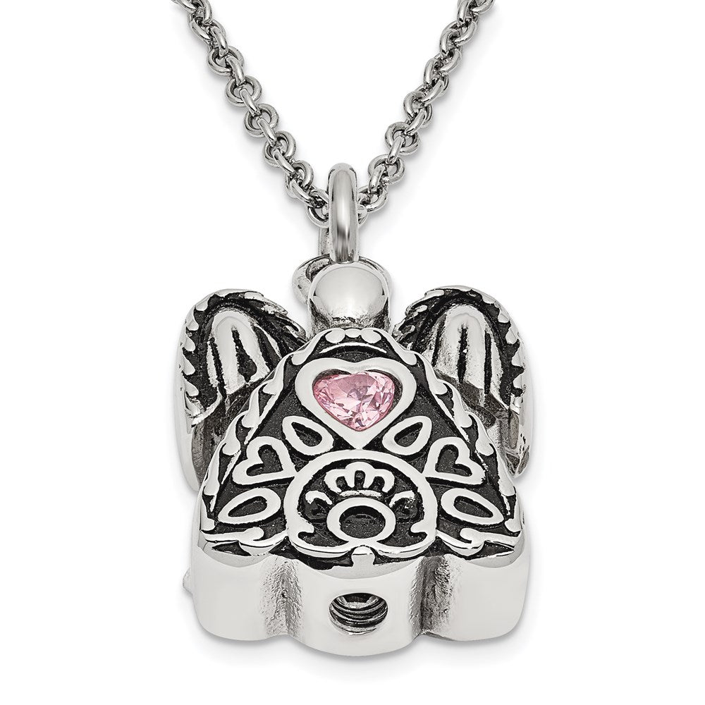 Sentimental Expressions Stainless Steel Pink CZ October Birthstone Antiqued Angel Ash Holder 18 Inch Necklace SSX100OCT