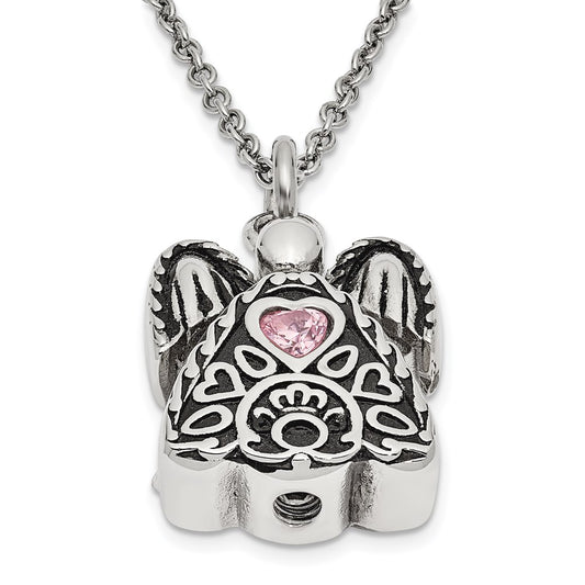 Sentimental Expressions Stainless Steel Pink CZ October Birthstone Antiqued Angel Ash Holder 18 Inch Necklace SSX100OCT
