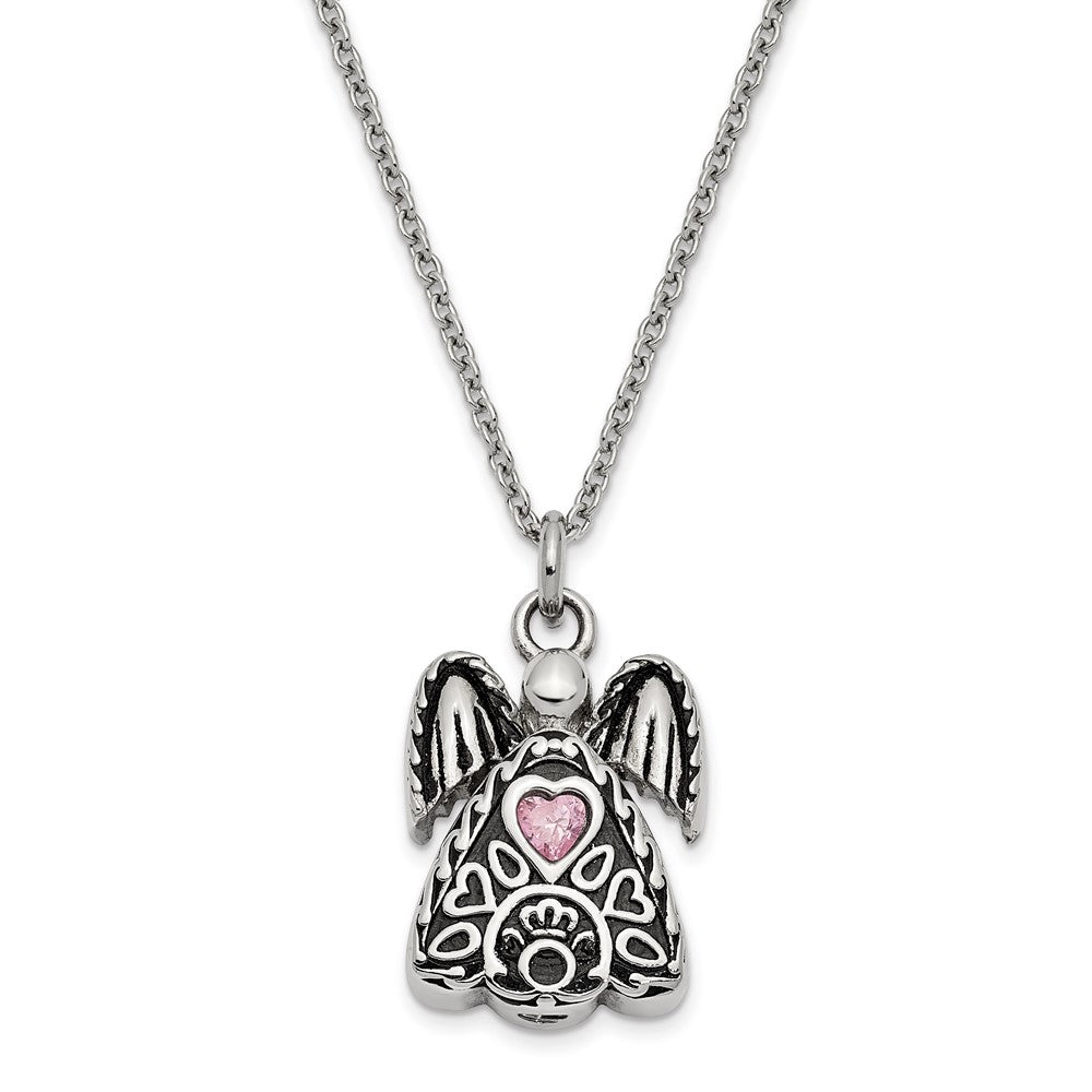 Sentimental Expressions Stainless Steel Pink CZ October Birthstone Antiqued Angel Ash Holder 18 Inch Necklace SSX100OCT