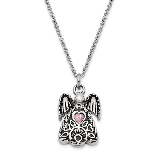 Sentimental Expressions Stainless Steel Pink CZ October Birthstone Antiqued Angel Ash Holder 18 Inch Necklace SSX100OCT