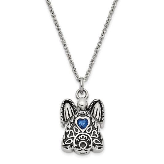 Sentimental Expressions Stainless Steel Dark Blue CZ September Birthstone Antiqued Angel Ash Holder 18 Inch Necklace SSX100SEP