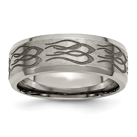 Chisel Titanium Brushed and Polished Flames Laser Design 8mm Beveled Edge Band