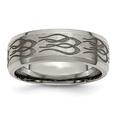Chisel Titanium Brushed and Polished Flames Laser Design 8mm Beveled Edge Band