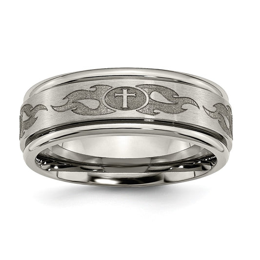 Chisel Titanium Brushed and Polished Cross Laser Design 8mm Ridged Edge Band