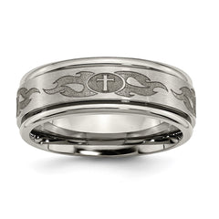 Chisel Titanium Brushed and Polished Cross Laser Design 8mm Ridged Edge Band