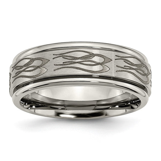 Chisel Titanium Brushed and Polished Flame Laser Design 8mm Ridged Edge Band