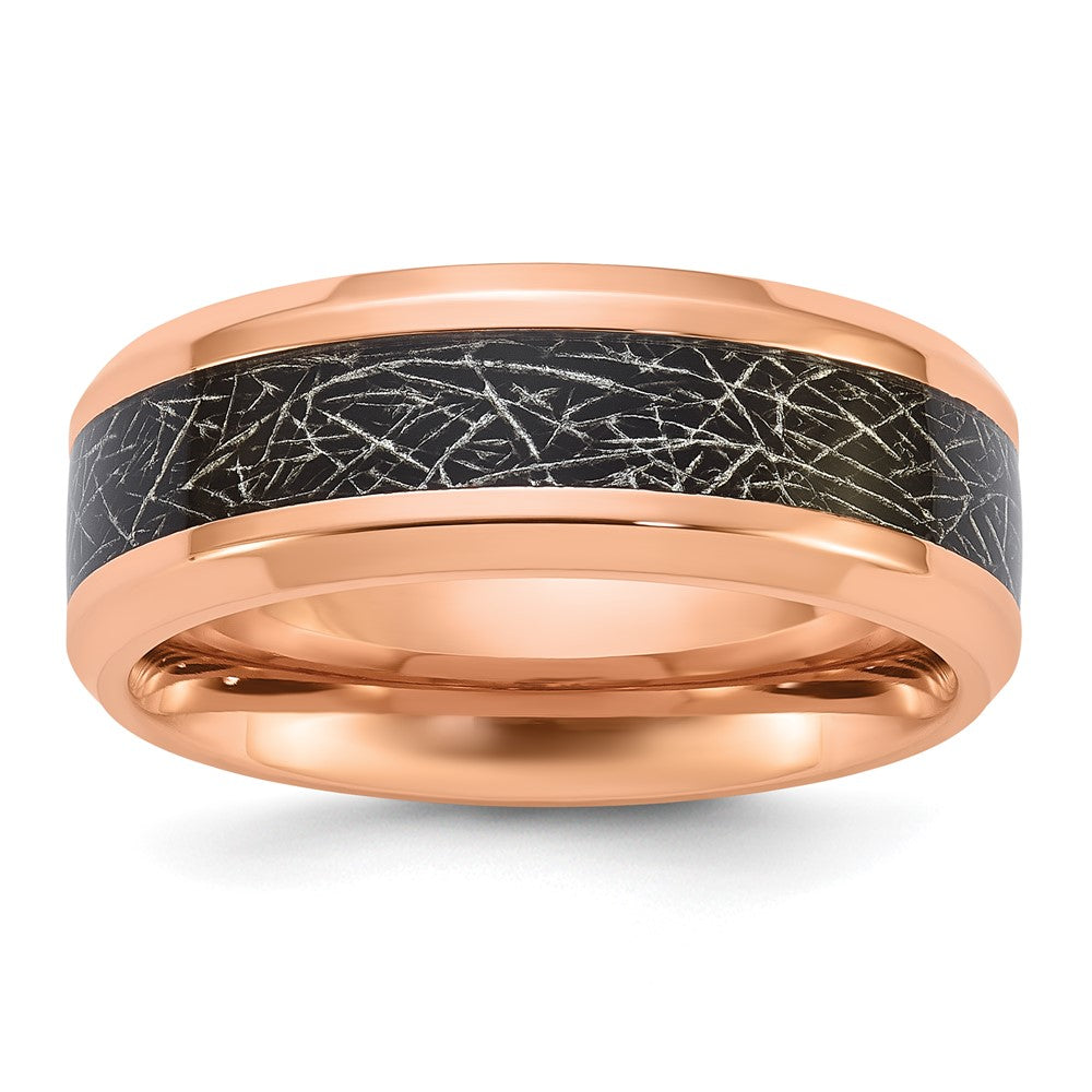 Chisel Titanium Polished Rose IP-plated Synthetic Leather Inlay in Clear Epoxy 8mm Band