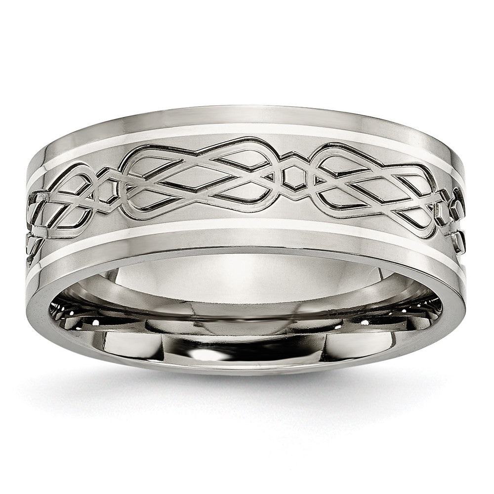 Chisel Titanium Polished with Sterling Silver Inlay Celtic Knot 8mm Flat Band