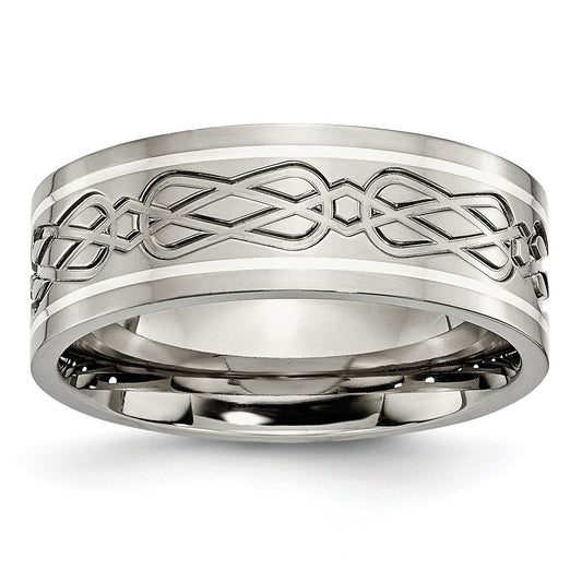 Chisel Titanium Polished with Sterling Silver Inlay Celtic Knot 8mm Flat Band