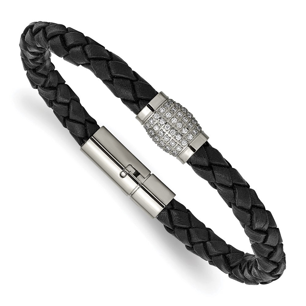 Chisel Titanium Polished with CZ Black Leather Bracelet TBB154