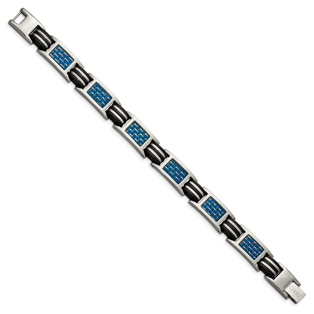 Chisel Titanium Polished with Blue Carbon Fiber Inlay and Rubber 8.5 inch Bracelet TBB172-8.5