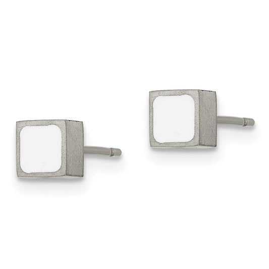 TBE114 Chisel Titanium Brushed with White Enamel Square Post Earrings