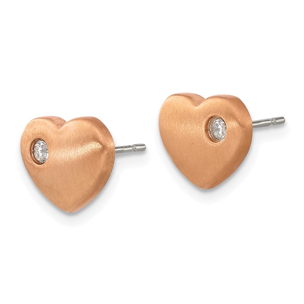 TBE131 Chisel Titanium Brushed Rose IP-plated with CZ Heart Post Earrings