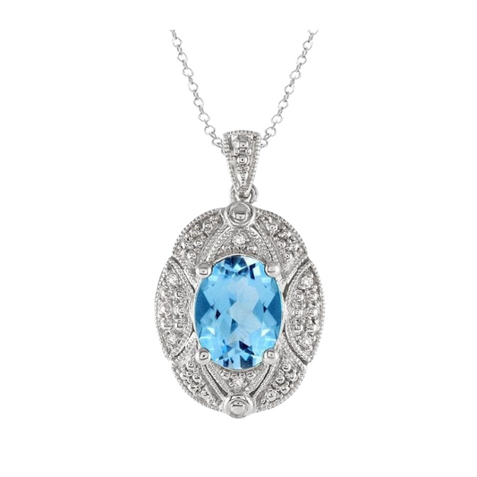 Silver Oval Shape Gemstone & Diamond Pendant
