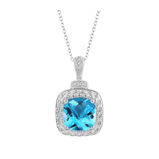 Silver Cushion Shape Gemstone & Diamond Pendant