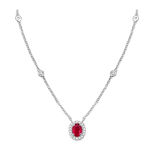 Oval Shape Gemstone & Halo Diamond Station Necklace