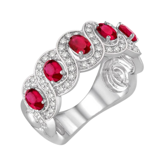 Oval Shape 5 Gemstone & Diamond Wedding Band