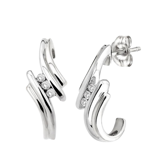 Silver 3 Stone Diamond Fashion Half Hoop Earrings