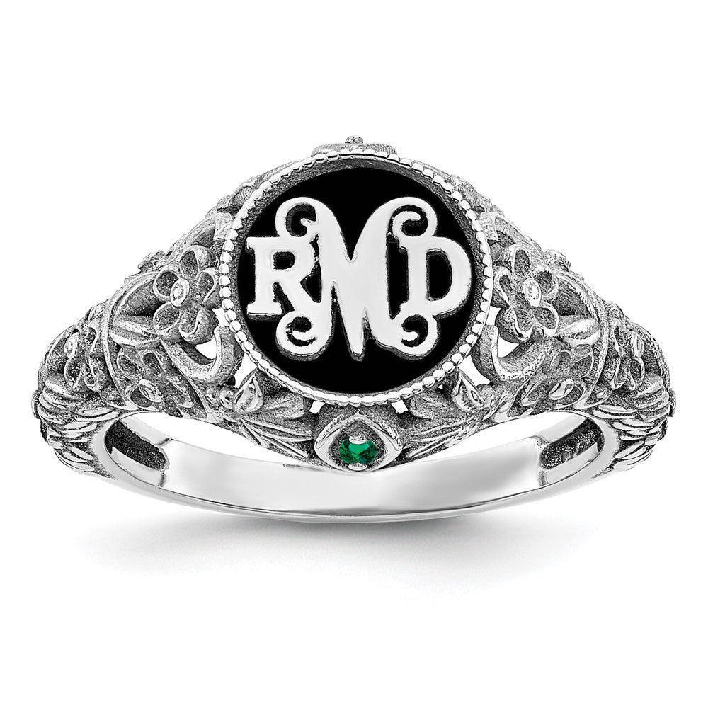 SS/Rhod-plated Filigree w/Epoxy and Birthstone Monogram Ring