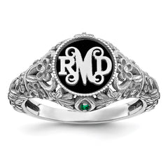 SS/Rhod-plated Filigree w/Epoxy and Birthstone Monogram Ring