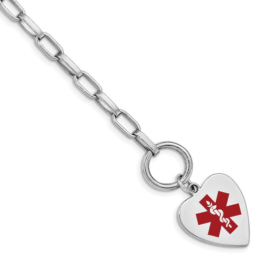 Sterling Silver Rhodium Engraveable Enamel Heart Medical ID Bracelet XSM90
