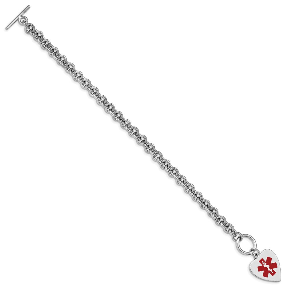 Sterling Silver RH-pltd Engraveable Enamel Heart Medical ID Bracelet XSM93