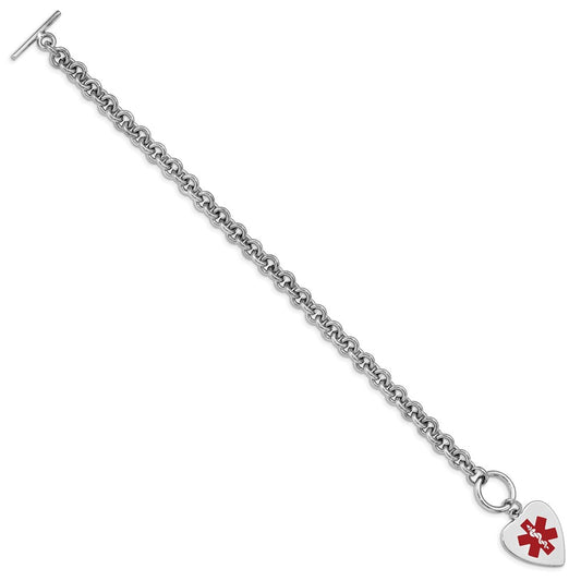 Sterling Silver RH-pltd Engraveable Enamel Heart Medical ID Bracelet XSM93