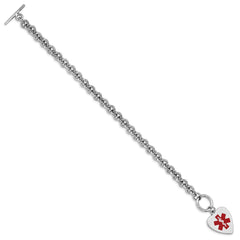 Sterling Silver RH-pltd Engraveable Enamel Heart Medical ID Bracelet XSM93