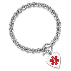 Sterling Silver RH-pltd Engraveable Enamel Heart Medical ID Bracelet XSM93