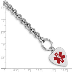 Sterling Silver RH-pltd Engraveable Enamel Heart Medical ID Bracelet XSM93