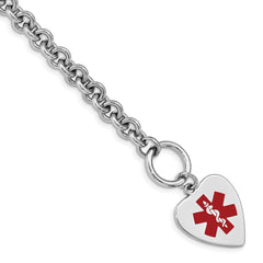 Sterling Silver RH-pltd Engraveable Enamel Heart Medical ID Bracelet XSM93