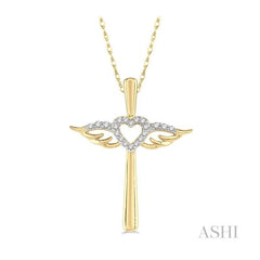 ASHI Angel Wings Heart Shape & Cross Diamond Pendant 958A8PPTSPDYG