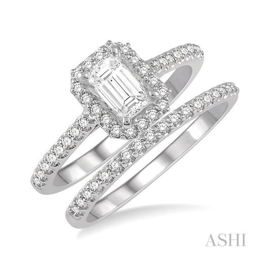 ASHI Emerald Shape Halo Diamond Wedding Set 244G3PPFHWG-WS