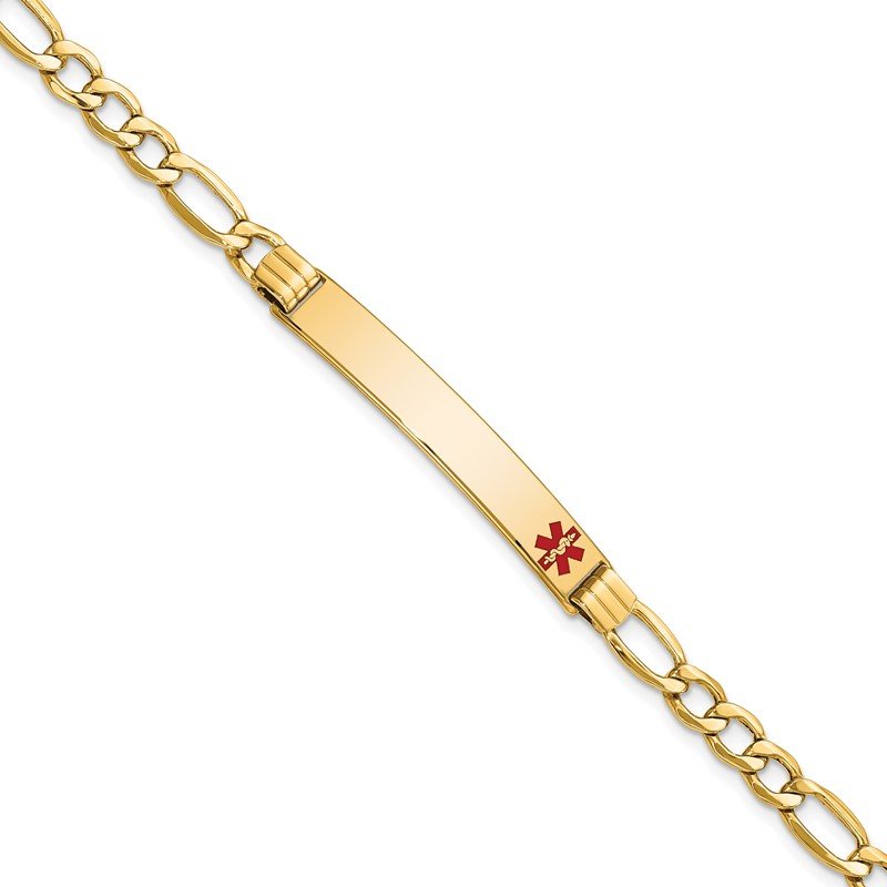 Quality Gold 14K Semi-Solid Medical Polished Red Enamel Figaro ID Bracelet XM571FR