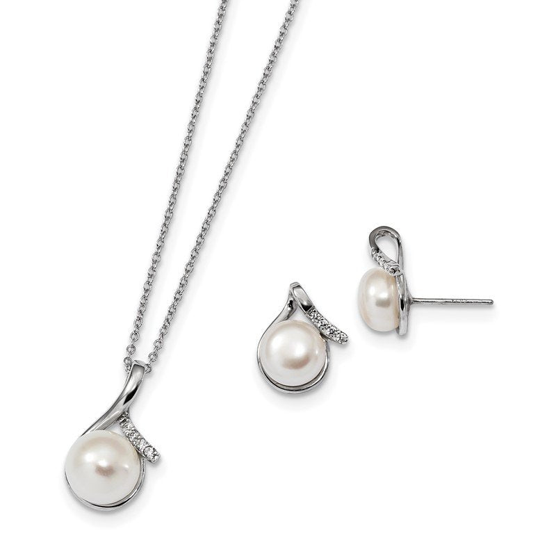 Quality Gold Sterling Silver Rhodium-plated 8-10mm FWC Pearl CZ Earring/Necklace Set QH5373SET