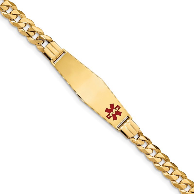 Quality Gold 14K Medical Soft Diamond Shape Red Enamel Flat Curb Link ID Bracelet XM582FC-8