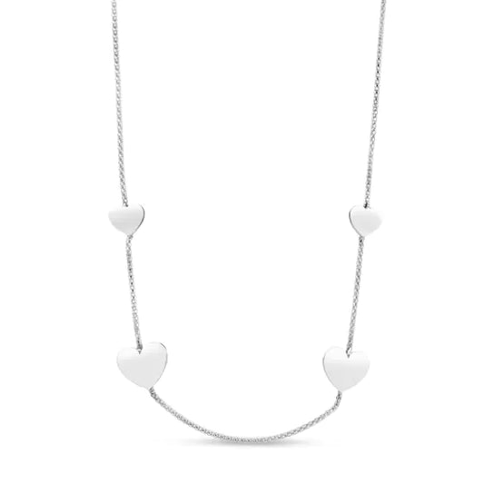White Sterling Silver Diamond Cut/ Textured Hearts Necklace
