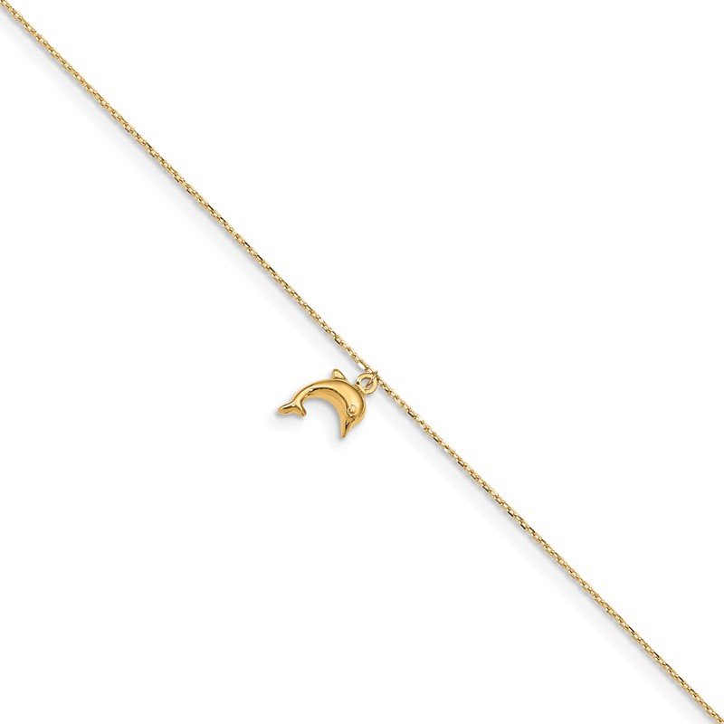 Quality Gold 14k Dolphin Charm 9in with 1in Extension Anklet ANK231-10