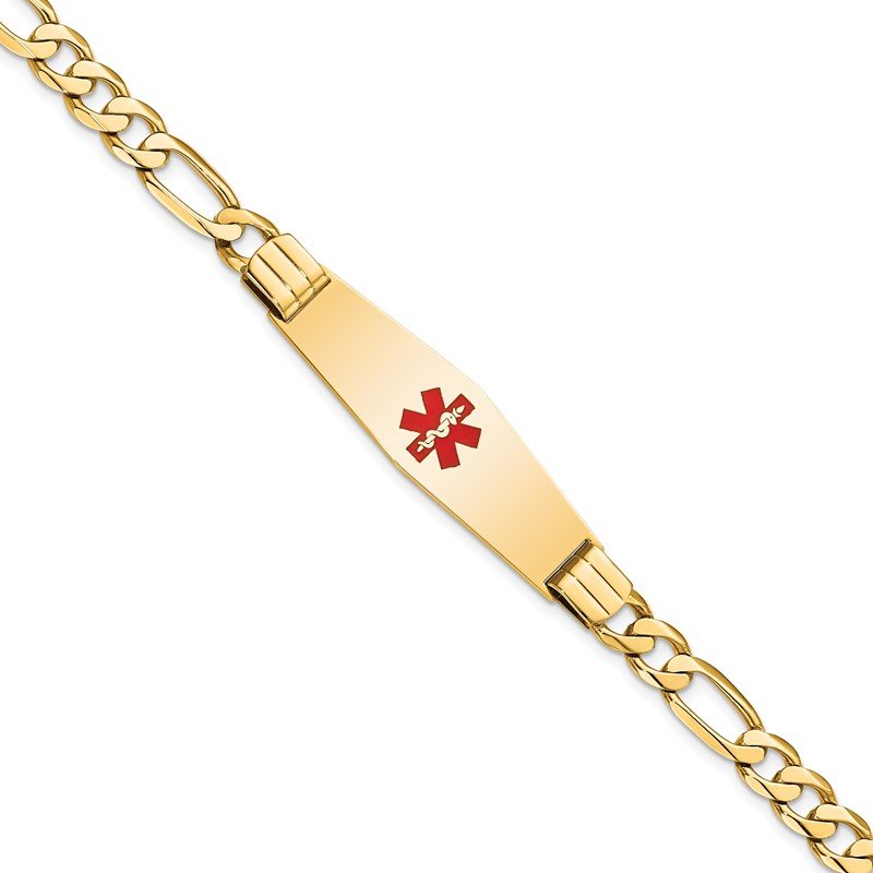 Quality Gold 14K Medical Soft Diamond Shape Red Enamel Flat Figaro Link ID Bracelet XM580CC