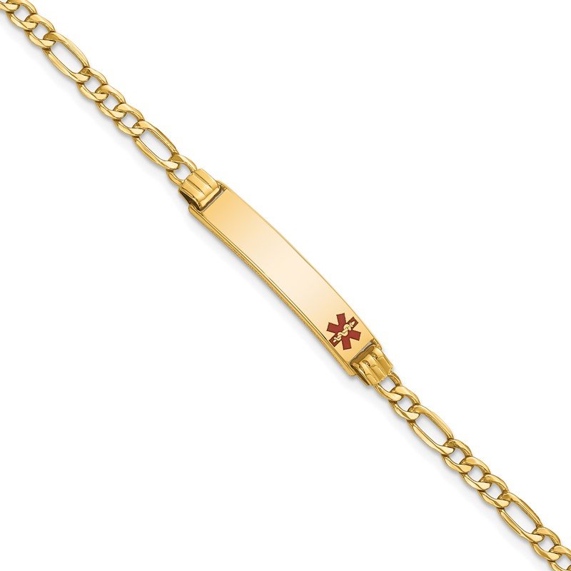 Quality Gold 14K Semi-Solid Medical Polished Red Enamel Figaro ID Bracelet XM556FR