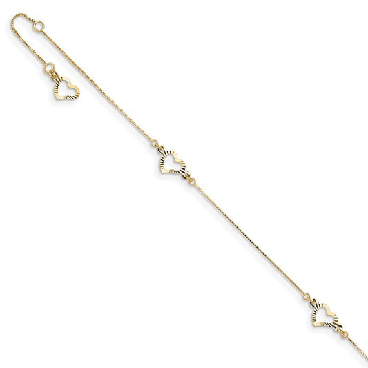 Quality Gold 14k Diamond-cut Heart 9in Plus 1in ext Anklet ANK156-9