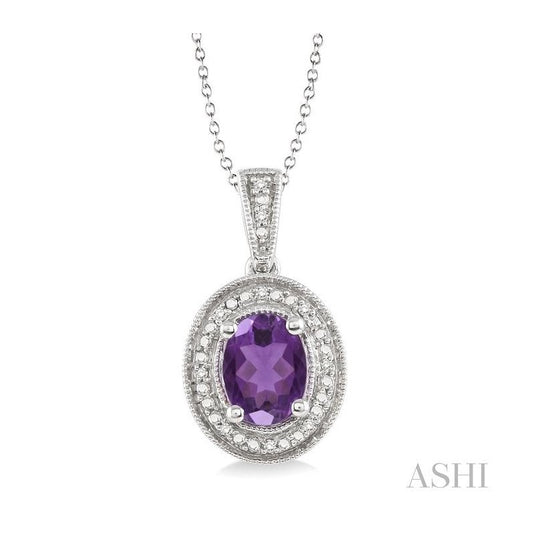 ASHI Silver Oval Shape Gemstone & Halo Diamond Pendant 88128PPSSAMSLPD