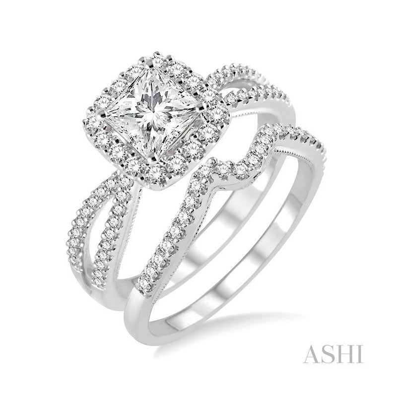 ASHI Princess Shape Halo Diamond Wedding Set 217C3PPFHWG-WS