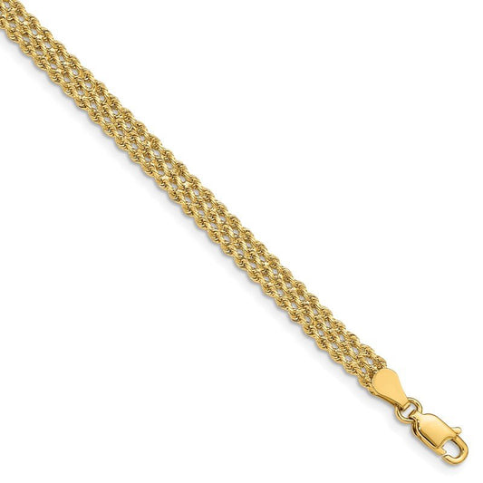 Quality Gold 14k 4.5mm Wide Triple Strand Rope Bracelet 012S3