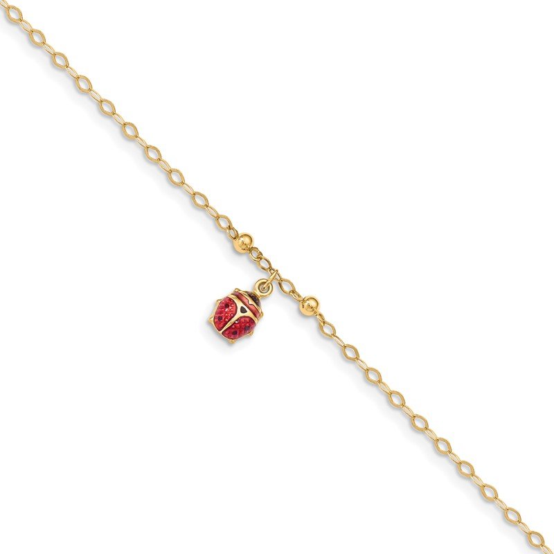 Quality Gold 14K Adjustable Enameled Ladybug 9in Plus 1in ext. Anklet ANK197-10