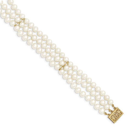 Quality Gold 14k 5-6mm White Near Round FW Cultured Pearl 3-strand Bracelet PR14-7.5