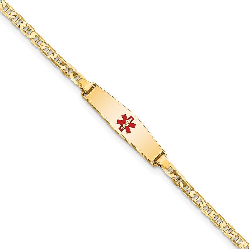 Quality Gold 14k Medical Soft Diamond Shape Red Enamel Flat Anchor Link ID Bracelet XM597CC