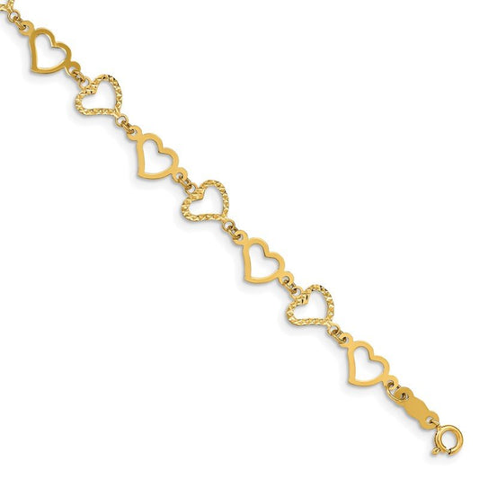 Quality Gold 14K Flat Diamond Cut Open Hearts Bracelet FB1358-7.25