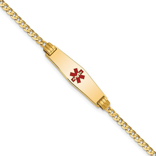 Quality Gold 14K Medical Soft Diamond Shape Red Enamel Curb Link ID Bracelet XM551CC-7