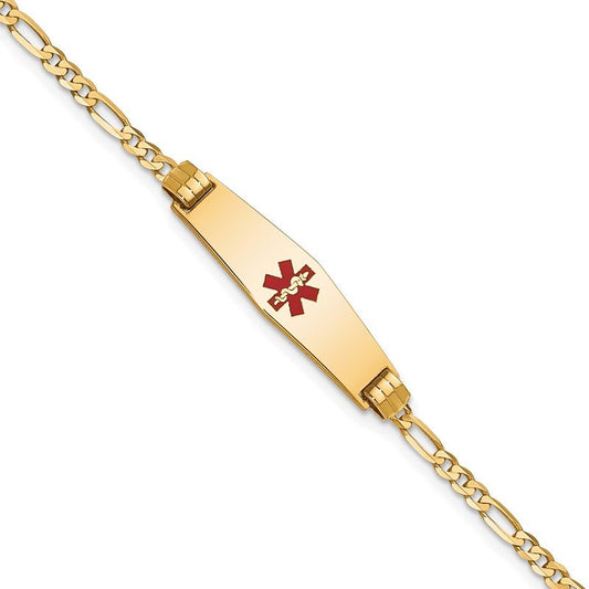 Quality Gold 14K Medical Soft Diamond Shape Red Enamel Figaro ID Bracelet XM550CC